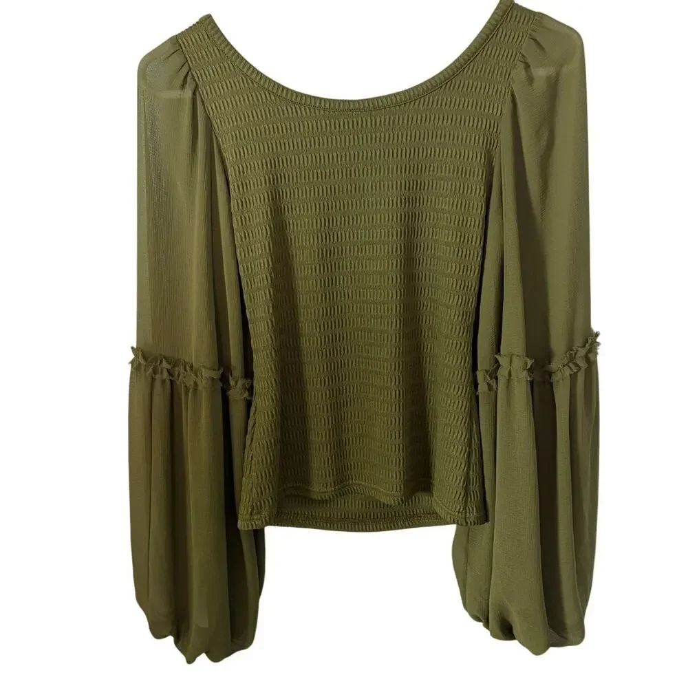 By Anthropologie XS Green Smocked Balloo Sleeve Top Boho Prairie Cottagecore